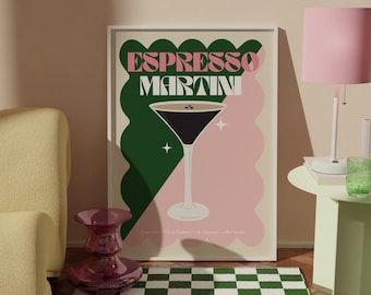 May include: A white framed poster with a pink and green background. The poster features a martini glass filled with a dark liquid and the text "Espresso Martini".