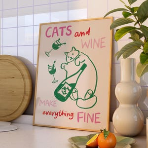 Cats and Wine Kitchen Print, Colourful Kitchen Print, Abstract Kitchen Poster, Kitchen Decor, Kitchen Print Inspo, Housewarming Gift