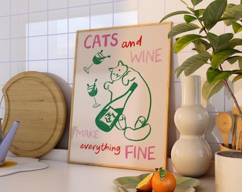 Cats and Wine Kitchen Print, Colourful Kitchen Print, Abstract Kitchen Poster, Kitchen Decor, Kitchen Print Inspo, Housewarming Gift