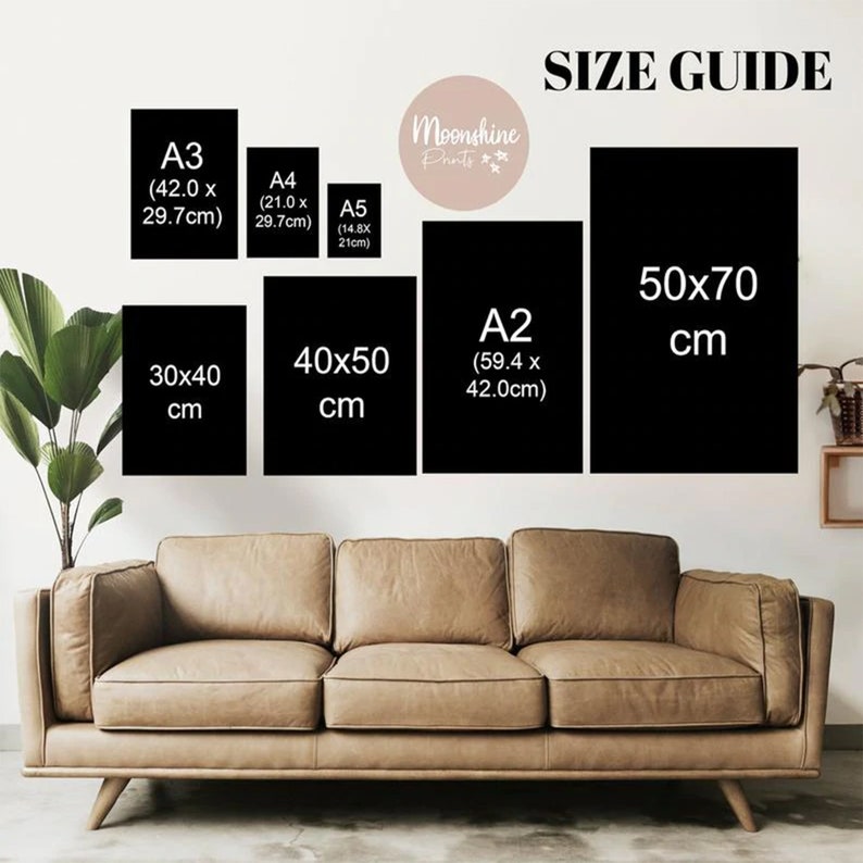 May include: Size guide for prints in various sizes, including A3 (42.0 x 29.7 cm), A4 (21.0 x 29.7 cm), A5 (14.8 x 21 cm), A2 (59.4 x 42.0 cm), 30 x 40 cm, 40 x 50 cm, and 50 x 70 cm.