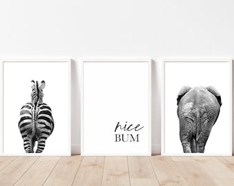 Zebra, Elephant, Nice Bum Bathroom Print Set of 3, Bathroom Prints, Bathroom Wall Art, Bathroom Decor, Housewarming Gift, Monochrome Prints