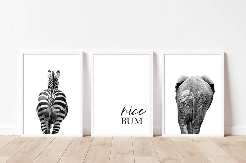 Zebra, Elephant, Nice Bum Bathroom Print Set of 3, Bathroom Prints, Bathroom Wall Art, Bathroom Decor, Housewarming Gift, Monochrome Prints 