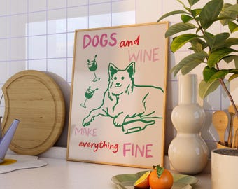 Dogs and Wine Kitchen Print, Colourful Kitchen Print, Abstract Kitchen Poster, Kitchen Decor, Kitchen Print Inspo, Housewarming Gift