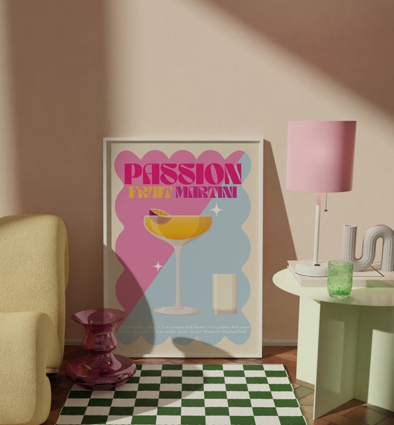 Passion Fruit Martini Cocktail Print, Retro Poster, Bold Poster, Statement Print, Gallery Wall Inspo, Colourful Inspo, Art Deco