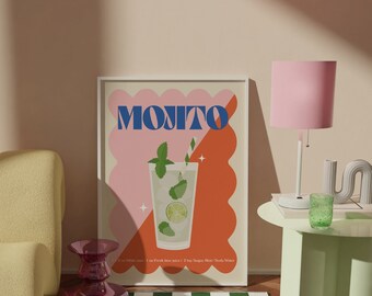 Mojito Cocktail Print, Retro Poster, Colourful Poster, Bold Poster, Art Deco Poster, Gallery Wall Inspo, Mojito Inspired Kitchen Poster