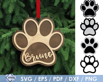 Cat paw ornament svg, with name, christmas ornament SVG, personalized, Laser Cut File, Glowforge, Cricut, Silhouette, instant download