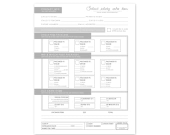 May include: A black and white order form for school photos. The form includes contact information, package options, and a la carte items. The form is 8.5 x 11 inches.