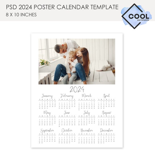 2024 photo calendar template, Printable calendar, Photography calendar, 8x10 photo calendar template, PSD, instant download