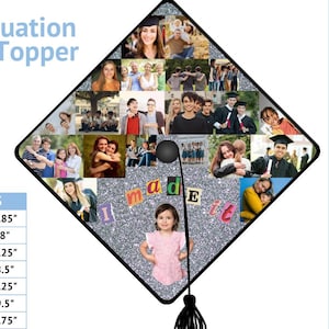 May include: A silver graduation cap topper with a collage of photos and the text "I made it" in colourful letters. The cap topper is available in sizes ranging from 7.85 inches to 9.75 inches.