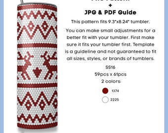 May include: A stainless steel tumbler with a red and white geometric and reindeer pattern. The tumbler has a straw and is designed to fit a 9.3" x 8.24" tumbler. The image includes the text "PNG Pattern + JPG & PDF Guide" and "DIGITAL DOWNLOAD ONLY!"