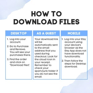 May include: A blue and white infographic with the title "How to Download Files" and instructions for downloading files on a desktop, as a guest, and on a mobile device.