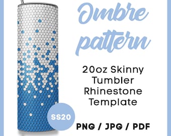 Pode incluir: Um copo fino com um padrão degradê de strass circulares brancos e azuis. O texto diz: Ombre pattern, 20oz Skinny Tumbler Rhinestone Template, SS20, PNG / JPG / PDF, DIGITAL DOWNLOAD ONLY! O design transita do branco para o azul.