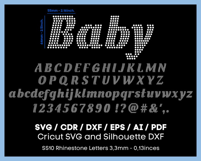 K&ouml;nnte beinhalten: Eine wei&szlig;e Strass-Schriftart mit dem Wort "Baby" oben. Die Schriftart enth&auml;lt Gro&szlig;- und Kleinbuchstaben, Zahlen und Satzzeichen. Die Schriftart ist 3,3 mm gro&szlig; und in den Formaten SVG, CDR, DXF, EPS, AI und PDF verf&uuml;gbar.