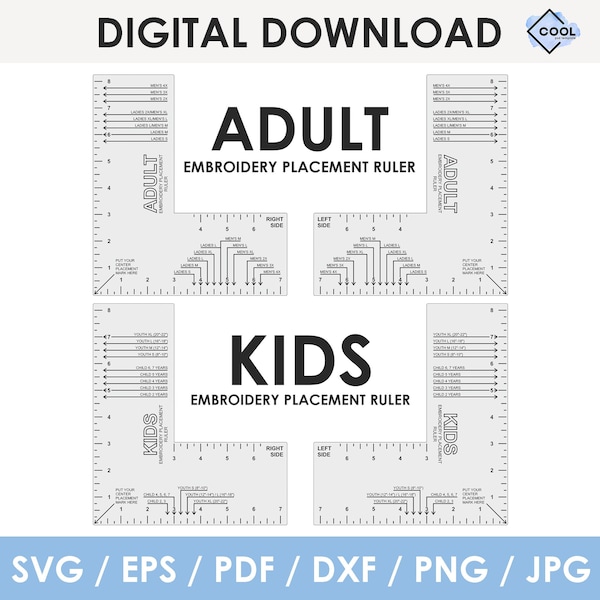 machine embroidery logo placement ruler guides, BUNDLE, Adult + Kids Size, Left side and Right side, printable, INSTANT DOWNLOAD