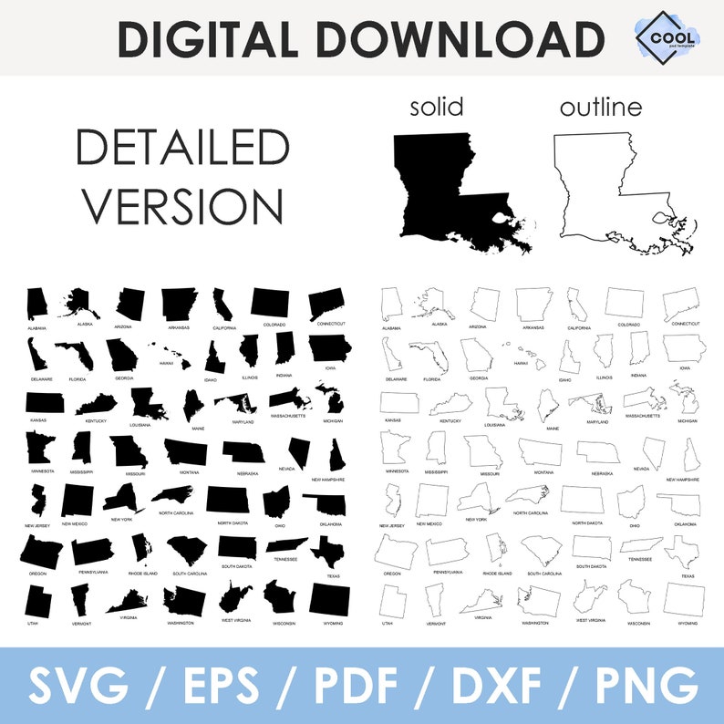 State Cutouts 50 States of America Outline, BUNDLE, States of USA Map, Svg, Dxf ...