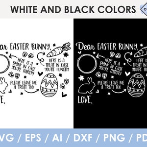 May include: Black and white printable Easter bunny sign with the text "Dear Easter Bunny" and instructions for leaving treats and drinks. The sign includes a circle for a drink, a carrot, an Easter egg, bunny paw prints, and hearts.