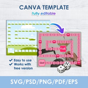 以下が含まれることがあります： 2 つのゲームボードレイアウトを備えた Canva テンプレートのデザイン。1 つは風景デザインで、もう 1 つはサイコロ付きのピンクとグレーのボードゲームです。テキストには「CANVA TEMPLATE」、「完全に編集可能」、「使いやすい」、「無料版で動作します」が含まれています。