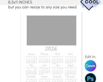 2026 photo calendar template, editable, calendar template, personalized, PSD, Photoshop, Canva, Drag & Drop, instant download