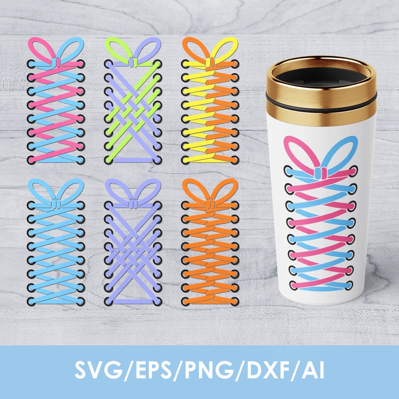 May include: Six different ways to lace shoelaces, illustrated with colorful lines on a white background. A white travel mug with a pink and blue shoelace design is also shown.