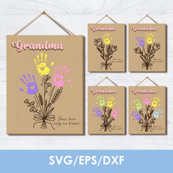 Grandma Handprint Art Wood Sign SVG, mothers day gift, from grandkids, Flowers Bouquet, set of 5, personalized, laser cut files