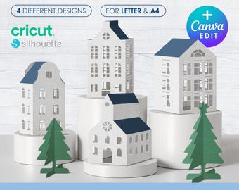 3D Christmas Houses Template, Bundle, paper house svg, winter village, cut files, Canva, Cricut, Silhouette, DIY, Instant Download, set of 4