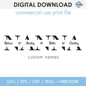 Könnte beinhalten: Digitaler Download eines druckbaren Designs mit vier bergartigen Silhouetten, unter denen die Namen Dorian, Ainsley, Billie und Charley stehen. Das Design enthält ein Herzsymbol und den Text "benutzerdefinierte Namen".