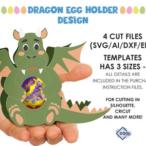 Puede incluir: Un gráfico digital de un dragón verde sosteniendo un huevo con patrones morados y amarillos. El texto dice DRAGON EGG HOLDER DESIGN, 4 CUT FILES (SVG/AI/DXF/EPS), TEMPLATES HAS 3 SIZES - ALL DETAILS ARE INCLUDED IN THE PURCHASE INSTRUCTION FILES.