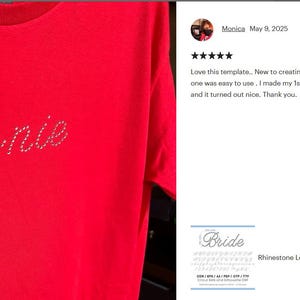 May include: A bright red t-shirt featuring the name Monie spelled out in clear, sparkling rhinestones. The lettering is in a cursive script font, with the individual stones arranged to form the letters across the front of the fabric.