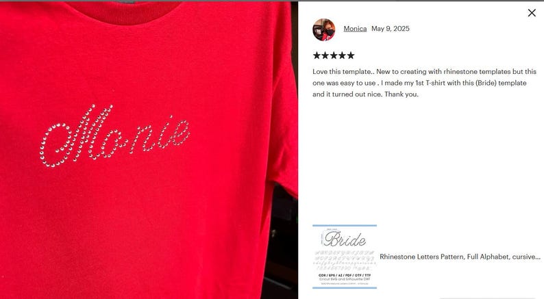 May include: A bright red t-shirt featuring the name Monie spelled out in clear, sparkling rhinestones. The lettering is in a cursive script font, with the individual stones arranged to form the letters across the front of the fabric.