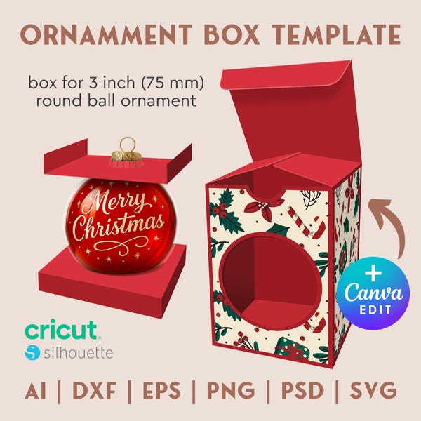 3 inch Round Ornament Box Template, Bauble Gift Box, DIY, Ornament Box with Window, craft blank template, svg, png, Instant Download