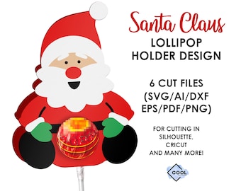 Könnte beinhalten: Ein Weihnachtsmann-Lutscherhalter-Design mit einer rot-weißen Figur, grünen Fäustlingen und schwarzen Stiefeln, die einen roten Lutscher hält. Text: Santa Claus LOLLIPOP HOLDER DESIGN, 6 CUT FILES (SVG/AI/DXF EPS/PDF/PNG), FOR CUTTING IN SILHOUETTE, CRICUT AND MANY MORE!