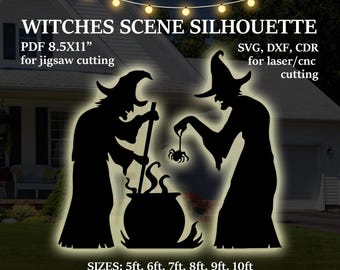 Pode incluir: Silhueta preta de duas bruxas com um caldeirão e uma aranha, com o texto "WITCHES SCENE SILHOUETTE". Inclui o texto "PDF 8.5X11" para corte com serra tico-tico" e "SVG, DXF, CDR para corte a laser/cnc". Tamanhos disponíveis: 1,52 m a 3,05 m. Download instantâneo.