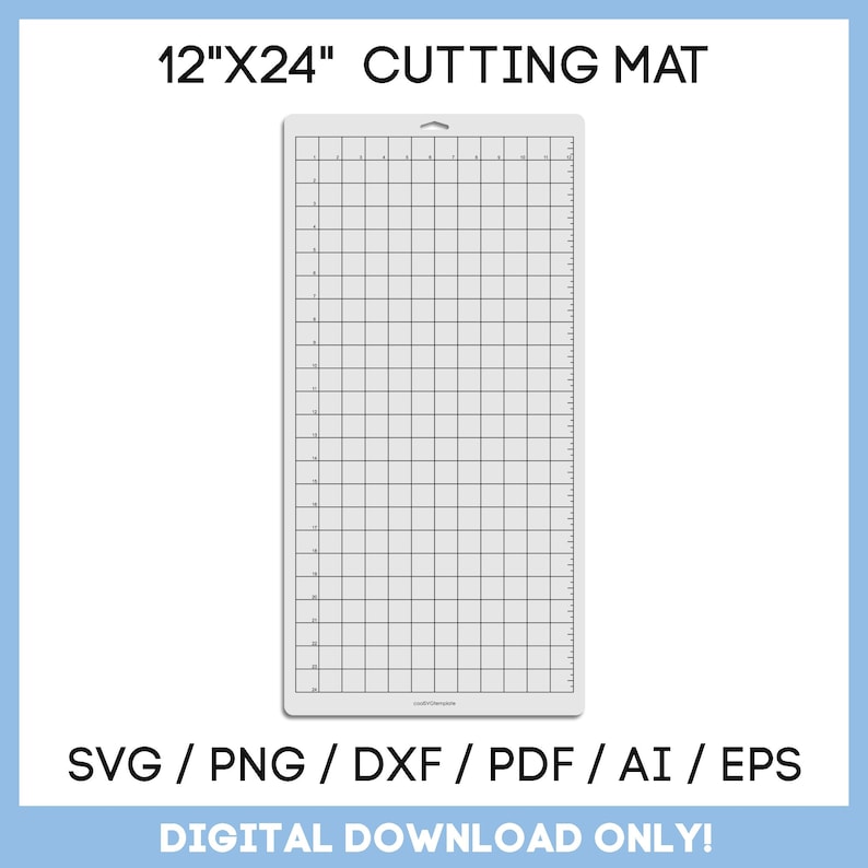 May include: A digital download of a 12 inch by 24 inch cutting mat template. The template is a grid with lines for measuring and cutting. The template is available in SVG, PNG, DXF, PDF, AI, and EPS formats.