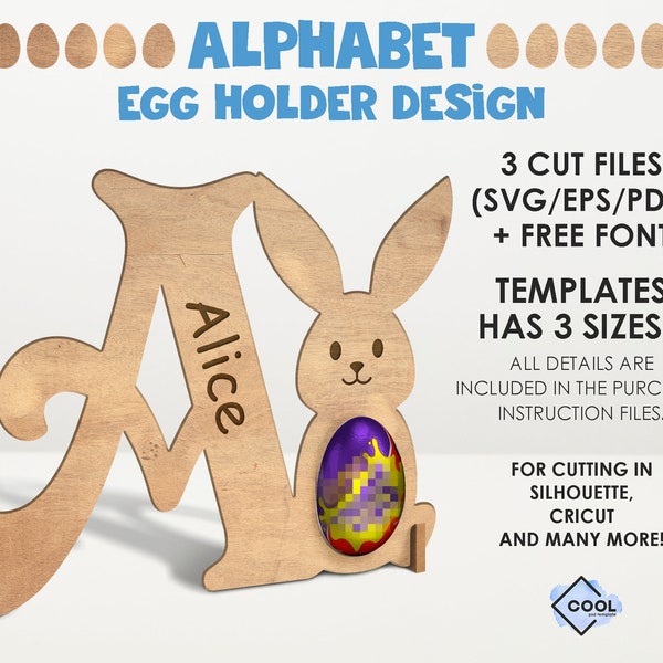 easter egg svg, bunny chocolate egg holder design, easter svg laser, egg stand file, easter bunny svg, cut file - - full alphabet