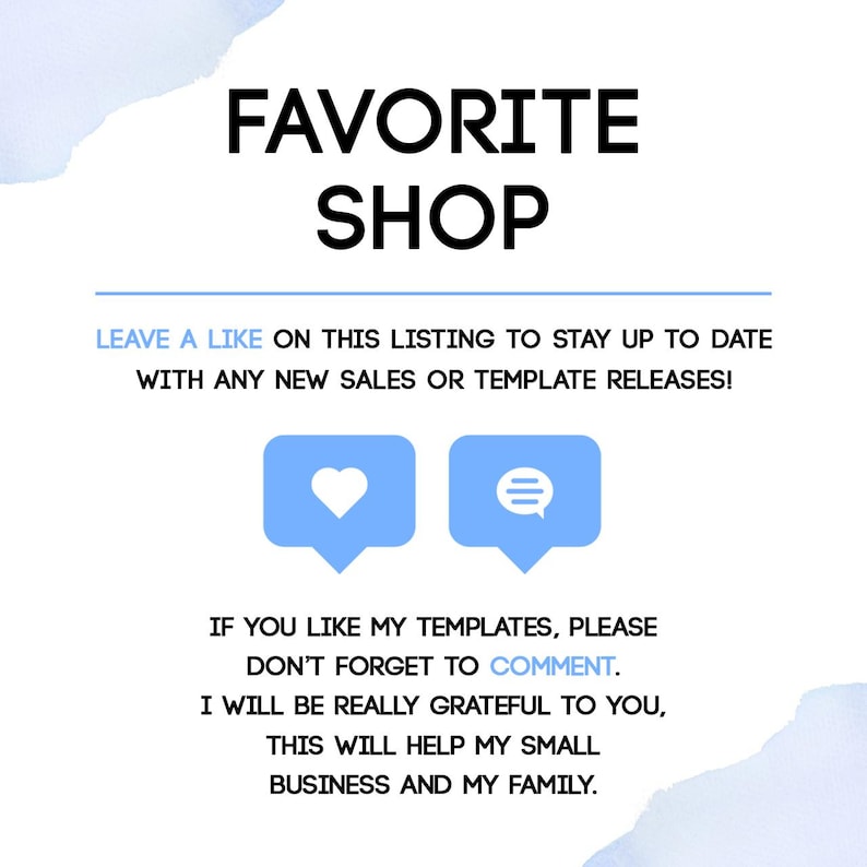 May include: White background with the words "FAVORITE SHOP" in bold black letters. Below, the text encourages viewers to like and comment. Two blue speech bubbles with a heart and lines are featured.