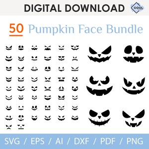 Könnte beinhalten: Ein digitaler Download-Grafik-Bundle mit 50 schwarzen Kürbisgesichtsdesigns. Das Bild enthält verschiedene geschnitzte Kürbisgesichtsausdrücke mit dem Text "DIGITALER DOWNLOAD" und "50 Pumpkin Face Bundle."