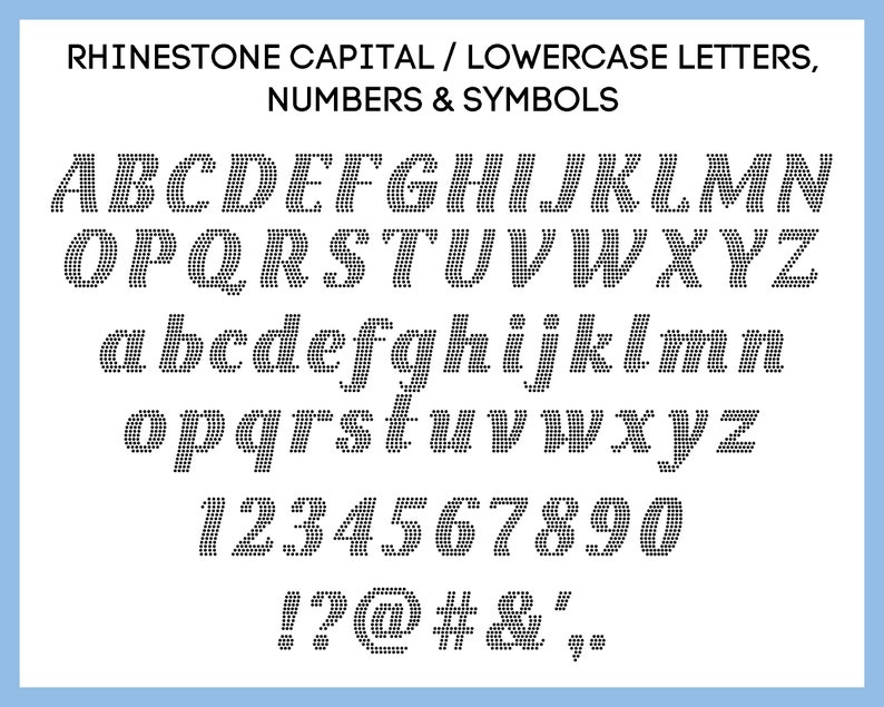 K&ouml;nnte beinhalten: Ein Schwarzwei&szlig;bild, das einen Schriftstil mit Gro&szlig;- und Kleinbuchstaben, Zahlen und Symbolen zeigt. Die Schrift besteht aus kleinen Kreisen, die an Strasssteine erinnern.