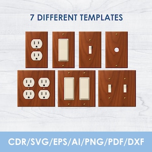 以下が含まれることがあります： 7種類の木製電気コンセントとスイッチプレートのテンプレート。プレートは、コンセント、シングルスイッチ、ダブルスイッチ、および単一の丸い開口部のさまざまな構成です。「7 DIFFERENT TEMPLATES」のテキストが上部にあります。「CDR/SVG/EPS/AI/PNG/PDF/DXF」のテキストが下部にあります。