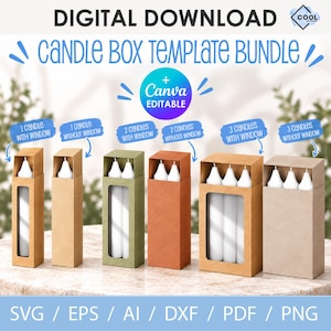 May include: A digital download candle box template bundle featuring six cardboard boxes in various shades of brown and green. The boxes are designed to hold one, two, or three white taper candles, with some options including a clear window.