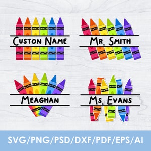 May include: Four colorful crayon designs with text areas for customization. Each design features a row or cluster of crayons in rainbow colors. The text areas include "Custom Name", "Mr. Smith", "Meaghan", and "Ms. Evans".
