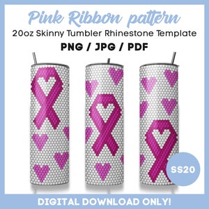 May include: A digital download template for a 20 ounce skinny tumbler featuring a pink ribbon with a heart design and a white background with pink hearts. The template is available in PNG, JPG, and PDF formats.  The text "Pink Ribbon pattern" and "SS20" are also included in the image.