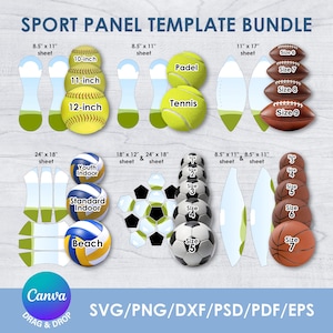 May include: A Sport Panel Template Bundle featuring digital patterns for various balls including softball, tennis, padel, football, volleyball, soccer, and basketball. The image displays multiple sheet sizes in inches and ball sizes for design projects.