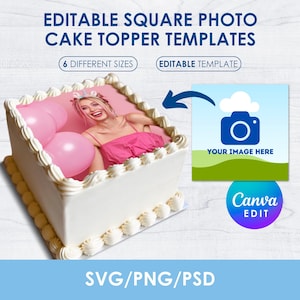 May include: Editable square photo cake topper templates.  The template features a white square cake with white frosting and a square photo on top. The photo shows a woman with pink balloons. The text "YOUR IMAGE HERE" is on a blue and green background with a white cloud and a camera icon.