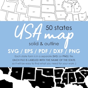 Puede incluir: Un mapa de los Estados Unidos en blanco y negro con cada estado etiquetado. El texto "USA 50 states map solid & outline SVG / EPS / PDF / DXF / PNG" está debajo del mapa. El texto "Each state form is in a separate SVG (or PNG) file. EACH FILE IS LABELED WITH THE NAME OF THE STATE, so it will be easy to find what you need for your work :)" está debajo del texto.