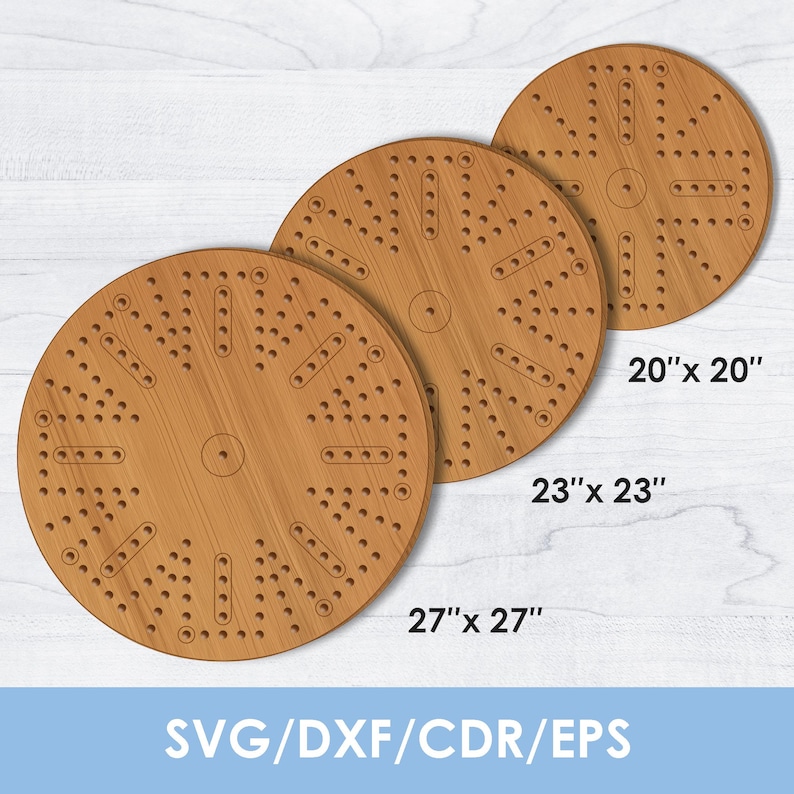 May include: Three wooden cribbage boards in varying sizes: 20" x 20", 23" x 23", and 27" x 27". Each board is circular with numerous drilled holes and a central peg hole. The boards are made of light brown wood. The bottom of the image has the text "SVG/DXF/CDR/EPS".