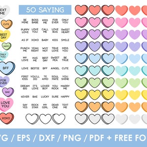 May include: Fifty conversation heart designs with various sayings, including "Text Me", "Best Day", "Love You", and "XOXO". The hearts are in a rainbow of colors, including red, pink, purple, blue, green, yellow, and orange.