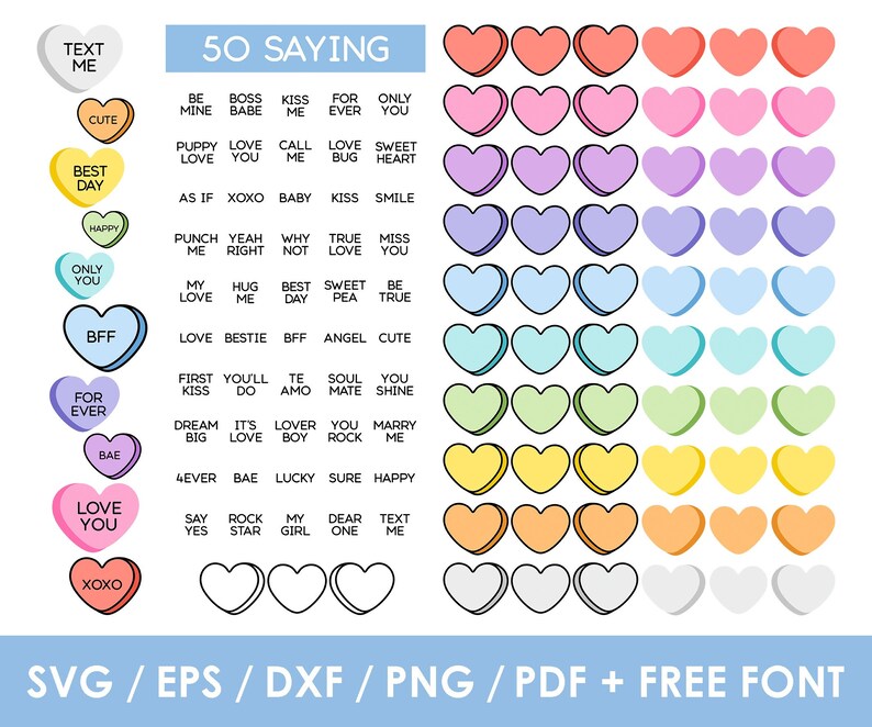 May include: Fifty conversation heart designs with various sayings, including "Text Me", "Best Day", "Love You", and "XOXO". The hearts are in a rainbow of colors, including red, pink, purple, blue, green, yellow, and orange.