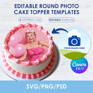 May include: Editable round photo cake topper templates with a pink cake decorated with pink frosting and a photo of a woman with pink balloons. The template includes a camera icon with the text "Your Image Here" and the text "Canva Edit".