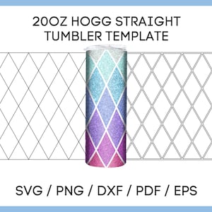 May include: A template for a 20 oz straight tumbler with a diamond pattern design. The template is in black and white and can be used to create custom tumblers. The text "20OZ HOGG STRAIGHT TUMBLER TEMPLATE" is at the top of the image. The text "SVG / PNG / DXF / PDF / EPS" is at the bottom of the image.