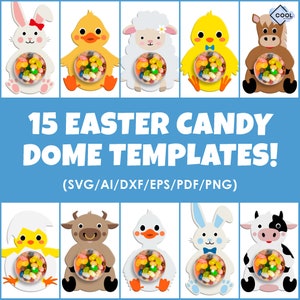May include: 15 Easter candy dome templates featuring various animal designs, including a bunny, chick, lamb, cow, and bull. The templates are designed for crafting and can be used to create candy holders for Easter.